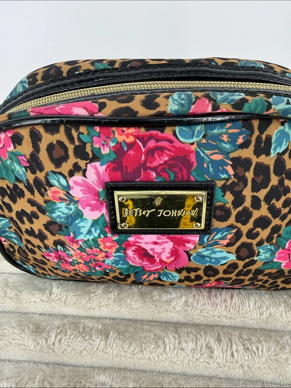 Betsey Johnson Leopard Floral Cosmetic Pouch - Pink, Teal & Brown